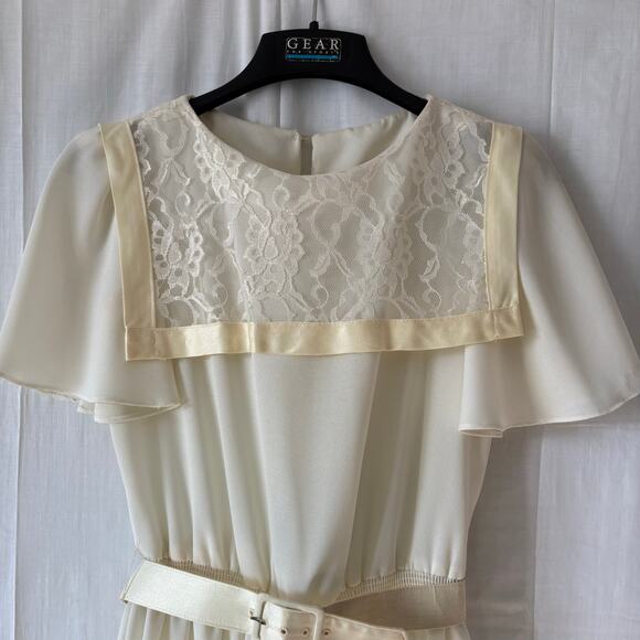 Jerell of Texas Vintage 70s Cream Lace Belted Dress Size 7 - Picture 2 of 8